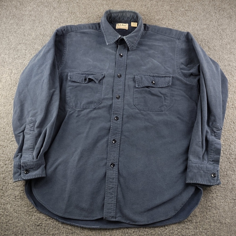VTG 80s LL Bean Chamois Cloth Shirt Mens Large Blue Pocket Long Sleeve USA Made